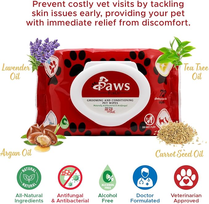 PawsFurUs® All-Natural Pet Wipes for Dogs & Cats - Doctor-Formulated for Total Pet Care with Antifungal & Antibacterial Protection, pH Balancing, Moisturizing, Deodorizing & Fast Itch Relief - 72ct.