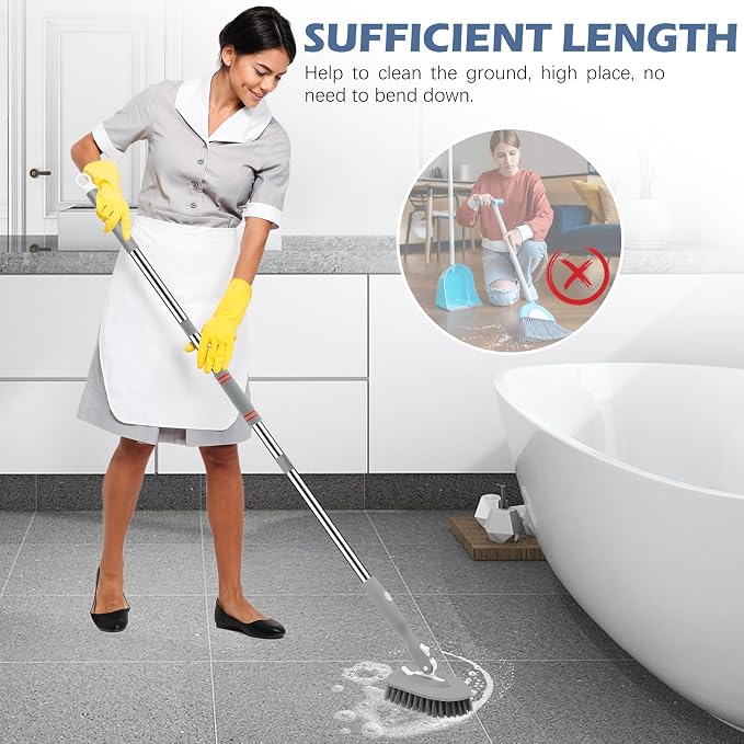 SetSail Tile Tub Scrubber Brush 3-in-1 Shower Scrubber with Adjustable Long Handle Shower Cleaner Brush and 3 Detachable Replacement Brush Heads for Cleaning Bathroom Kitchen Walls Tub Tile,Grey