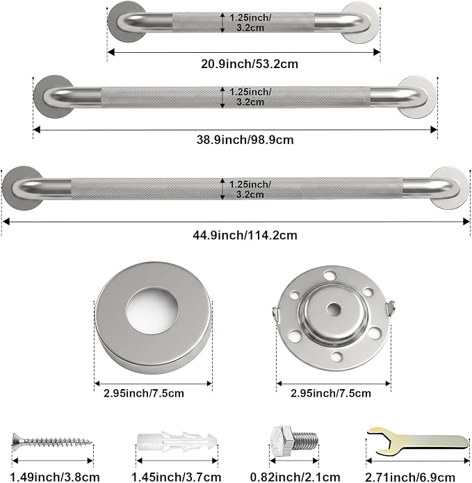 Grab Bar Bundle for ADA Compliance, Pack of 3 Stainless Steel Grab Bar Set for Commercial and Residential Restrooms, 1.25" Diameter - 18", 36", 42"
