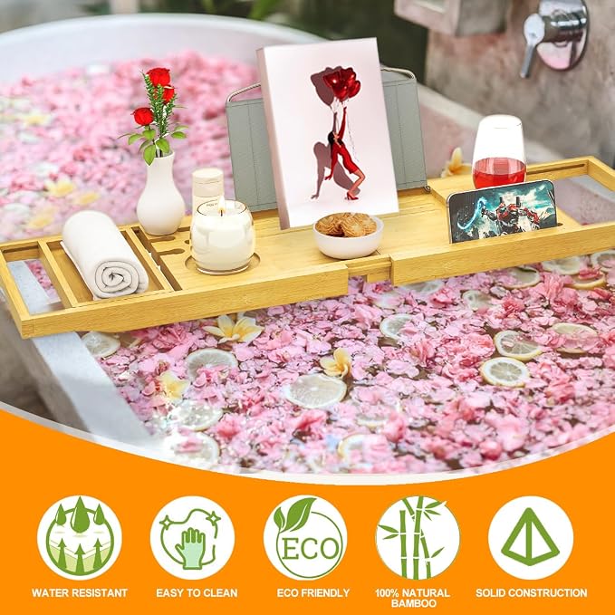 Banlilu Premium Natural Bamboo Expandable Bathtub Tray Caddy, Luxury Spa-Like Experience, Adjustable, Sturdy, Non-Slip, Foldable