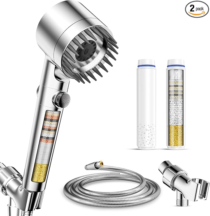 PWERAN Filtered Shower Head with Handheld, 2-PCS Filters High Pressure Shower Head with 3+1 Spray Modes for Hard Water Remove Chlorine, Detachable Showerhead with ON/OFF Switch for Pet Bath (Chrome)