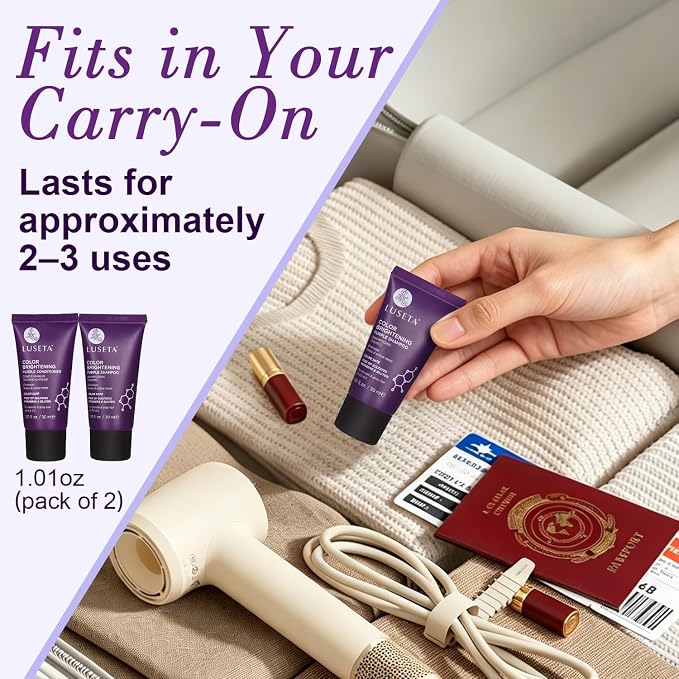 Luseta Color Brightening Purple Travel Shampoo and Conditioner Mini Kit for Blonde, Silver and Gray Hair - Brassiness Neutralizer for Highlighted and Bleached Hair, 2x1.01oz Carry on Friendly