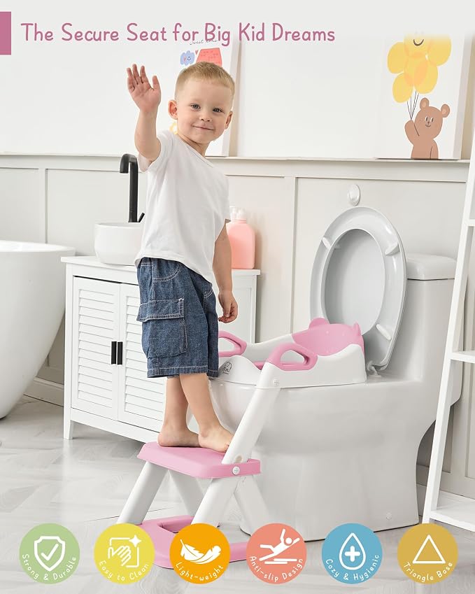 Forbena Girls Potty Training Seat with Step Stool Ladder, Pink Toilet Potty Seat for Baby Girl Toddlers, Kids Chair Stairs with Handles and Soft Cushion (White and Pink)