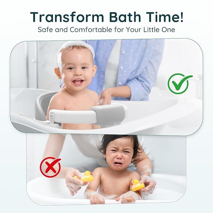 Baby Bath Seat for Babies Sitting Up, Non-Slip Baby Bath Chair with Strong Suction Cups, Lockable Armrest & High Back 360° Safety Support, Ideal for Active Toddlers 6-24 Months, Gray