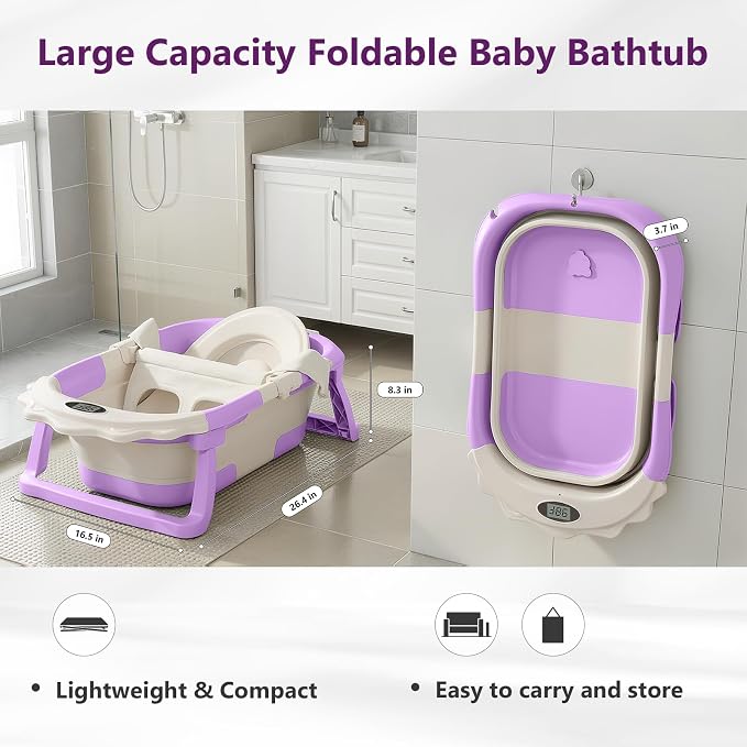 MoreFeel Foldable Baby Bathtub with Thermometer - 4-in-1 Grow-with-Me Collapsible Infant Tub (Newborn to Toddler) with Adjustable Mesh Sling - Space Saving Design