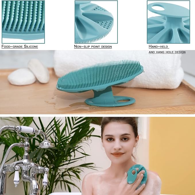 INNERNEED Silicone Body Cleansing Brush Exfoliating Scrubber, DGreen+Purple | Gentle Massage, Deep Clean, Hygienic Shower Scrub Brush Soft Bristles for All Skin Types, Easy to Hold