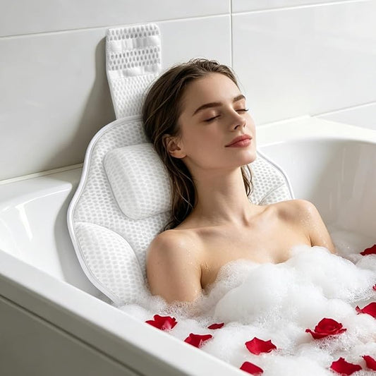 Luxury Oversized Petal-Shaped Bath Pillow for Head, Neck and Backrest, Extra Thick, Polyester, White, Anti-Slip Suction Cups, Washable, Spa Bathroom Accessories