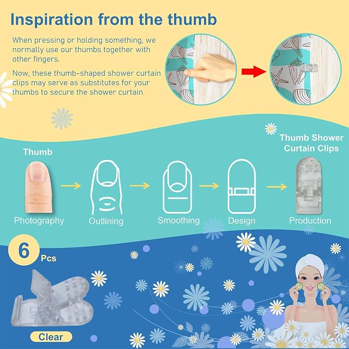 Thumb Shower Curtain Clips, Shower Splash Guard Holders, Bathtub Curtain Liner Clips for Windproof & Splash Water (Clear-6 Pack)