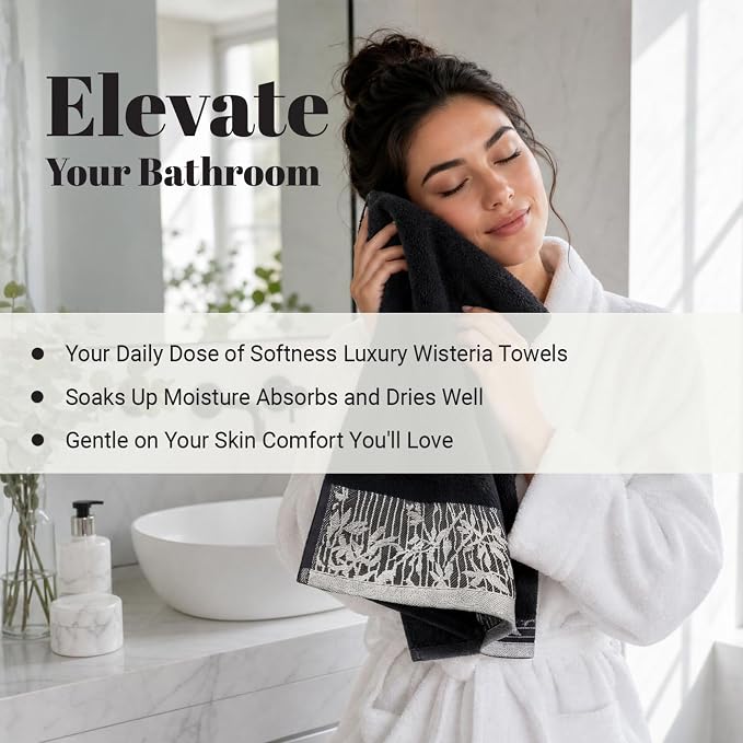 Superior Floral Jaquard Cotton Bathroom Towels, 12pc Towel Set, Black | Soft Absorbent Quick Dry Terry Weave, Hotel Quality, Wisteria Towels Includes 3 Bath Towels, 3 Hand Towels, 6 Washcloths