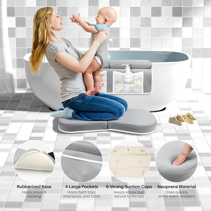 Bath Kneeler and Elbow Rest Pad Set, 1.6'' Extra Thick Bath Support for Knees and Elbows, Memory Foam Bath Mat with Toy Organizer Pockets, Quick-Dry Kneeling Pad for Bathing Grey