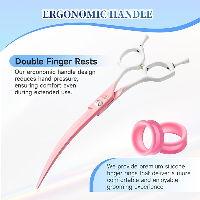 7'' Curved Dog Grooming Scissors Pink to White Gradient | 440C Stainless Steel, Sharp Durable, Professional or Home Use,Ergonomic Handle with 2 Silicone Finger Rings
