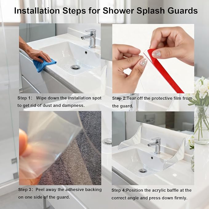 2PCS Shower Splash Guard for Bathtub Corner, Adhesive Clear Waterproof Shield, Removable Bathtub Water Guards Barrier Shower Water Guard to Keep Bathroom Floor Dry for Tub, Shower, Kitchen Sink