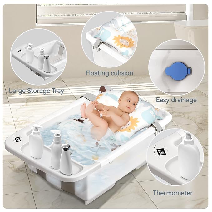 Collapsible Baby Bathtub - Large Capacity Baby Bath Tub with Thermometer & Soft Cushion | Portable Travel Newborn Infant Bathtub | Foldable Toddler Bathtub for Baby 0 to 36 Month, no stand, Light Grey