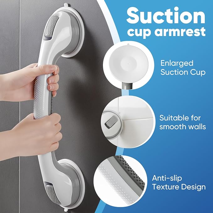 Shower Grab Bars for Bathtubs and Showers, 2 Pack Suction Grab Bars, Heavy Duty Removable Shower Handles with Strong Suction, Bathroom Safety Grip for Seniors, Elderly, Handicap, No Drilling, Gray