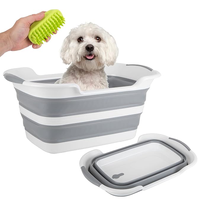 Collapsible Pet Bathtub with Water Drainage Hole and Plug - Foldable Plastic Basket, Wash Basin, Washing Station for Small Dogs Cats, Space Saving, Organizer, Bucket, Bin, Storage