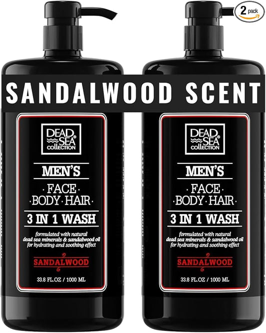Dead Sea Collection Sandalwood Men’s Body Wash – 3 in 1 Body Wash for Men for Hair, Face & Body – Moisturizing Shower Gel with Dead Sea Minerals – Pack of 2 (33.8 fl oz each)