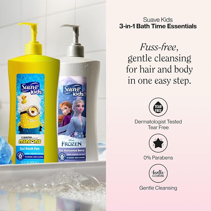 Suave Kids 3-in-1 Variety 2-Pack – Minions Fresh Fun + Frozen Enchanted Berry Tear-Free Shampoo, Conditioner & Body Wash, 28 Oz Ea