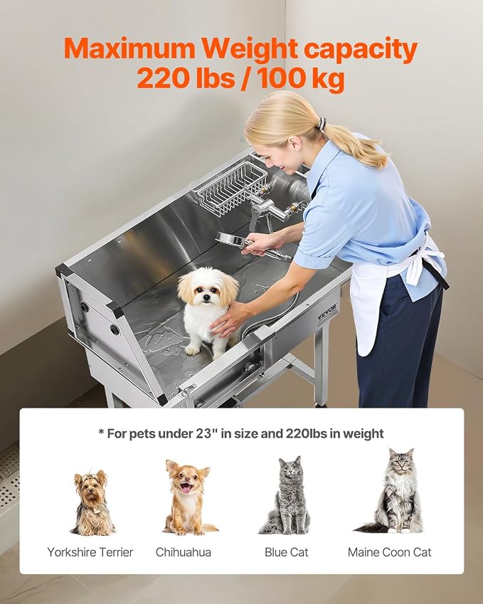 VEVOR Professional Dog Washing Station, 34 Inch Stainless Steel Pet Grooming Tub with Hot Cold Faucet, Adjustable Showerhead, Non-Slip Stairs & Side Sink, for Small to Medium Dogs and Cats (Left Door)