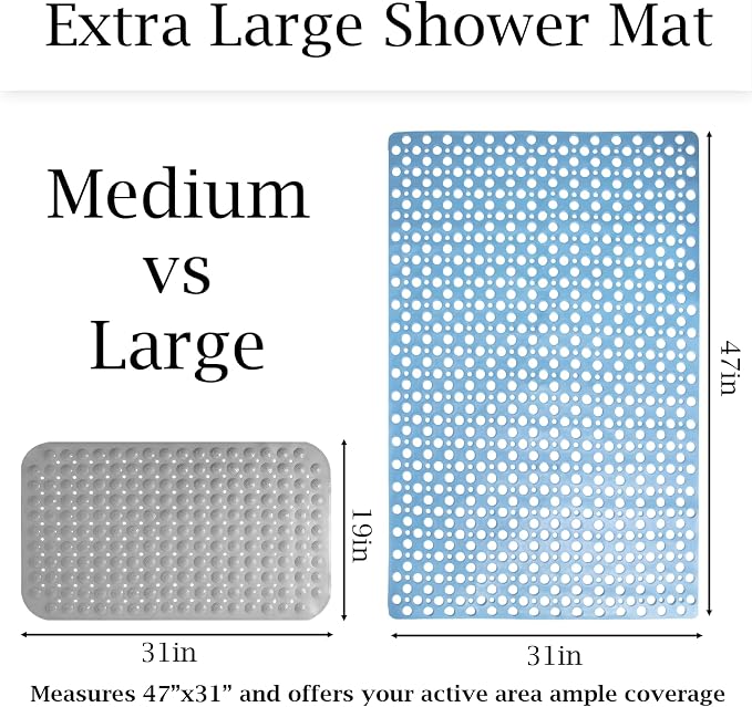 Tiamo Large Shower Mat Non Slip TPE Bathtub Mat Suction Cups for Elderly | 36x24inch rectangle,inside shower,big drain holes,quick dry,smooth tile floors,seniors,blue