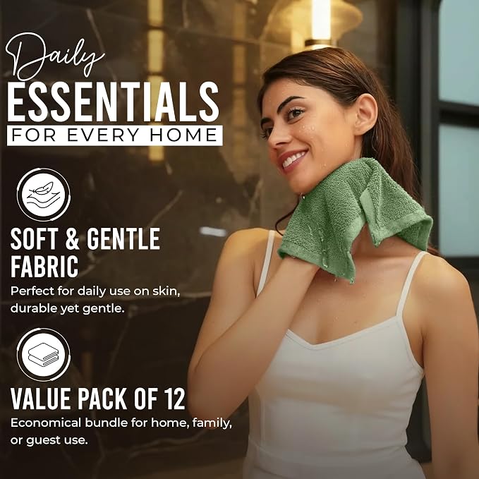 RIVERSIDE 12-Pack Premium 100% Cotton Sage Green Face Towels for Bathroom [12x12] - Reusable Luxury Face Wash Cloths for Showering - 550 GSM Super Soft & Absorbent Washcloths for Body, Spa & Gym