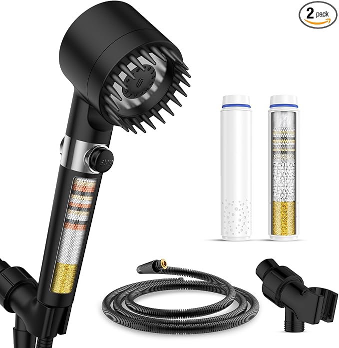 PWERAN Filtered Shower Head with Handheld, 2-PCS Filters High Pressure Shower Head with 3+1 Spray Modes for Hard Water Remove Chlorine, Detachable Showerhead with ON/OFF Switch for Pet Bath (Black)