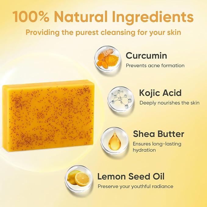 Treeroot 5 Pack Turmeric Soap, 80g Kojic Acid and Turmeric Soap Bar, Gently Clean the Face, Contains Retinol, Collagen, Vitamin C, Shea Butter, Used for Face & Body, SLS Free