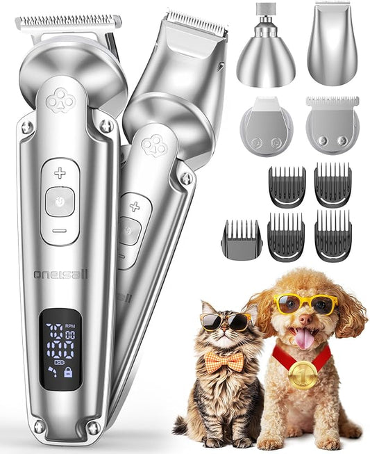 oneisall Small Dog Clippers and Paw Trimmer with Low Noise, 4 - in - 1 Cordless Dog Grooming Kit with 3 - Level Speed Clippers (7000 RPM) for Grooming Thick Hair, Waterproof Shaver for Dogs and Cats | 6000/6500/7000RPM, 3-Speed, 49dB, LED Display, IPX7...