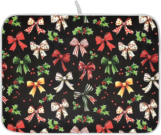 Christmas Bow Berries Dish Drying Mat, Absorbent Drainer Mats for Kitchen Counter Coffee Maker 24"x18"
