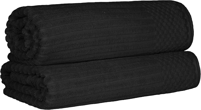Superior Cotton 2-Piece Solid and Ribbed Bath Sheet Set, Bath Sheets- 34" x 68", Black