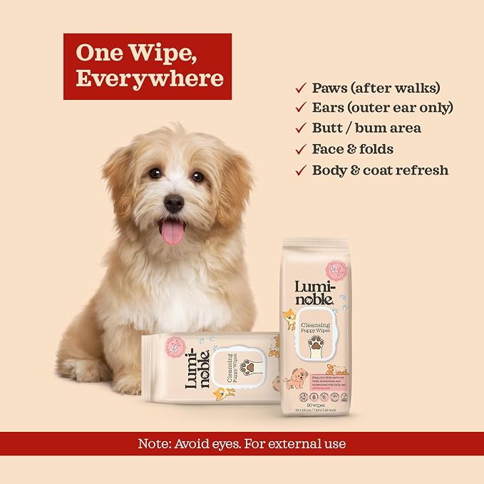 LUMI-NOBLE. Puppy Wipes for Dogs & Cats - 50 Ct Hypoallergenic Grooming Wipe, White Musk Scent, Dog Wipes Cleaning deodorizing for Paws, Ears, Butt & Body, Vegan, Sensitive Skin Safe