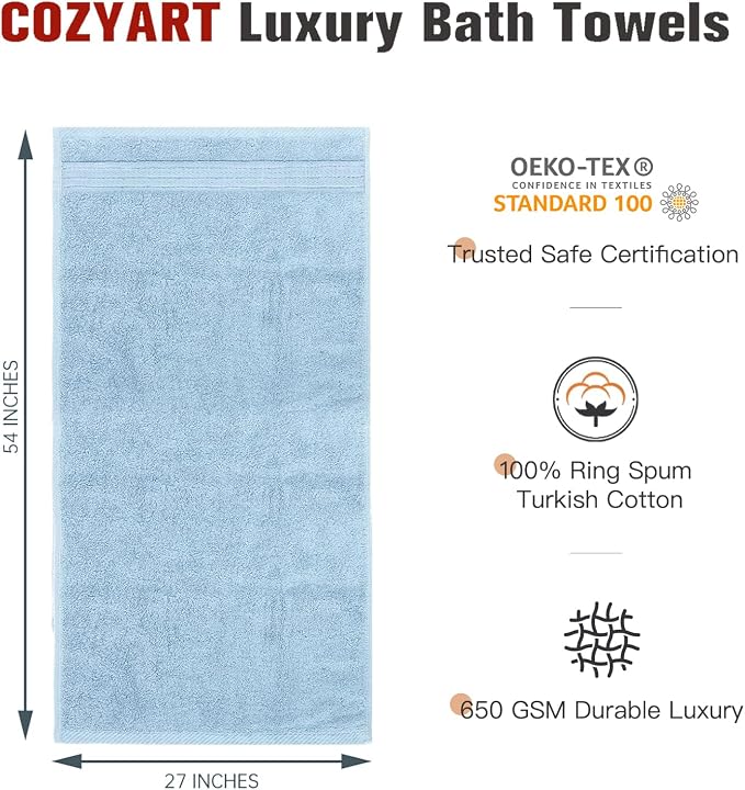COZYART Light Blue Bath Towels for Bathroom 2 Pcs, 27x54 Cotton Bath Towel Set Super Soft Absorbent Durable 650 GSM Shower Towels for Daily Use