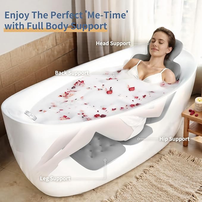Bath Cushion, Full Body Bathtub Pillow with 160 Suction Cups, Bath Mat for Head and Neck Support, with Laundry Bag (Dark Gray, 51" x 16")