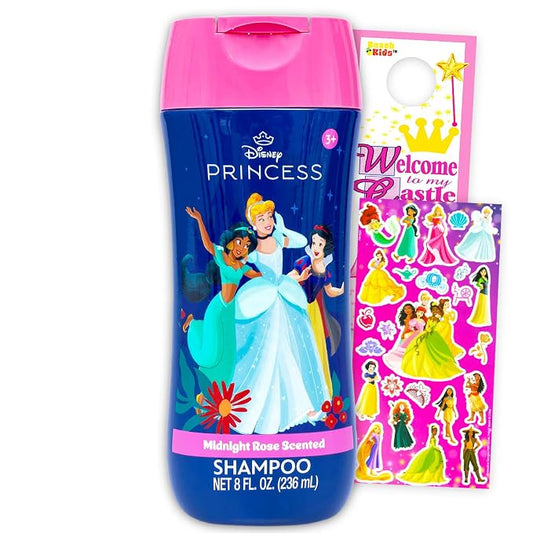 Disney Princess Shampoo Set for Kids - Bundle with 8 oz Midnight Rose Scented Shampoo Plus Stickers, More | Disney Princess Bath Supplies for Children, Girls