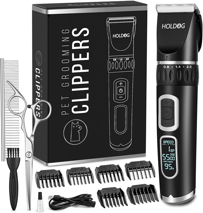 HOLDOG Dog Clippers Professional Heavy Duty Dog Grooming Clipper 3-Speed Low Noise High Power Rechargeable Cordless Pet Grooming Tools for Small & Large Dogs Cats Pets with Thick & Heavy Coats