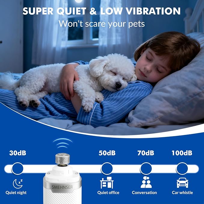 Wortade Silent Groom Pro Nail Grinder, 3-Speed Quiet Electric Dog Nail Grinder, Rechargeable Dog Nail Trimmers with 2 LED Lights for Small Large Dogs, Pet Nail Clippers with 2 Grinding Wheels