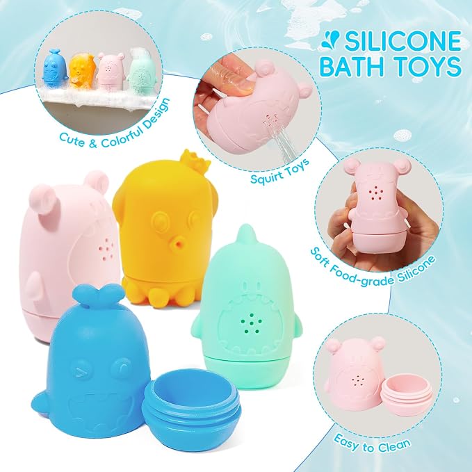 Baby Bath Toys for Kids Ages 1-3, 15PCS Mold Free Bath Toys Toddlers 2-4, Bathtub Pool Water Table Toys, Silicone Bath Toy and Floating Boats & Stacking Spoons for Babies 6-12 Months