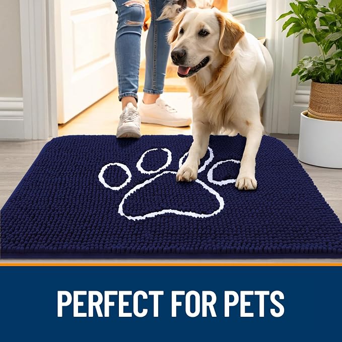 OLANLY Dog Door Mat for Muddy Paws 34x21, Paw Print Design, Absorbs Moisture and Dirt, Absorbent Non-Slip Washable Doormat, Quick Dry Chenille Mud Mat for Dogs, Entry Indoor Entryway Carpet, Navy Blue