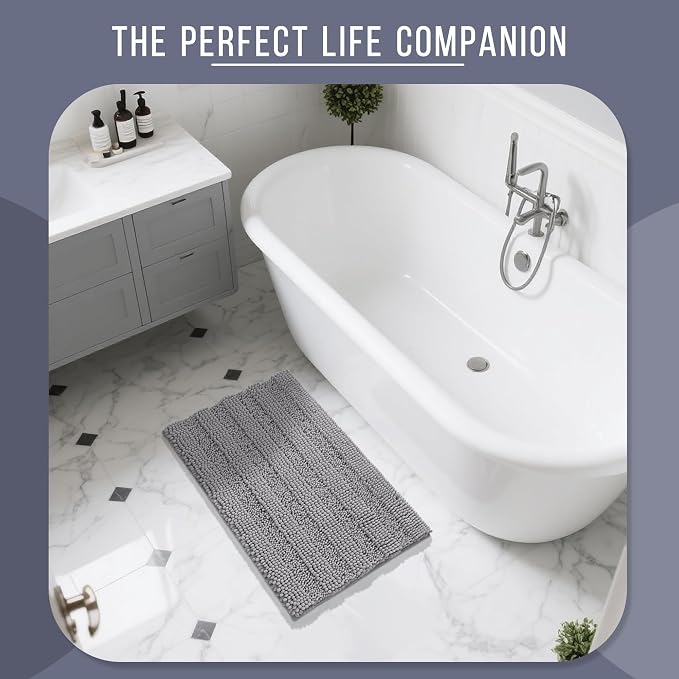 Yimobra Bathroom Rug Mat 36 x 24, Non Slip and Super Absorbent Bath Mat,Machine Washable Quick Dry,Ultra Plush Chenille Shower Rugs for Bathroom Floor Sink Tub and Shower Outside,Gray