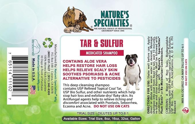 Nature's Specialties Tar and Sulfur Ultra Concentrated Medicated Dog Shampoo, Makes up to 1 Gallon, Natural Choice for Professional Groomers, with Soothing Aloe Vera, Made in USA, 16 oz