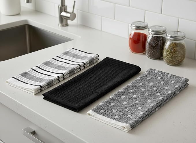 Black White Kitchen Hand Dish Towels: Oversized 28" x 16",100% Cotton Cloth Soft Cleaning Drying Absorbent Striped Solid Polka Dot Design, Set of 3 Multipurpose for Everyday Use (Black Austin)