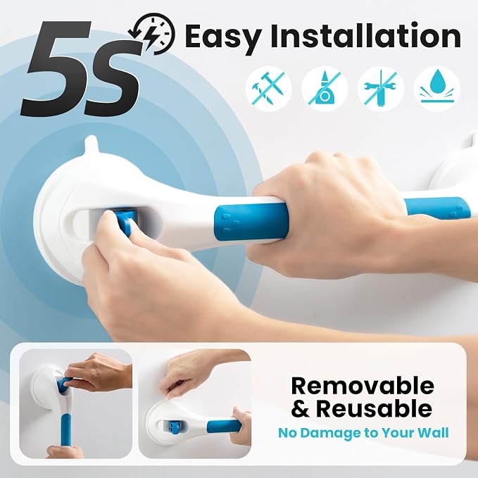 TAILI Shower Grab Bar Glow in The Dark, 16.8 in Grab Bars for Bathtubs, Shower Handles Bath Rails for Seniors and Elderly, Bathroom Safety Grip Removable No Drilling Waterproof Blue,G9