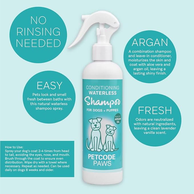 PETCODE PAWS Conditioning & Waterless Shampoo with Argan Oil for Dogs & Cats - Natural Formula with Vitamin-E & Aloe-Vera for No-Rinse Grooming & Dog Cleansing with Lavender Vanilla Cedar Sent - 300ML
