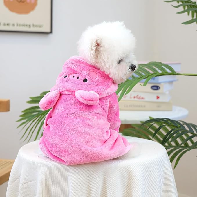 Dog Bathrobe with Hood Super Absorbent Soft Quick Drying Towel Wrap Adjustable Puppy Cat Bath Robe Towel for Cold Weather Beach Pool (Pink Pig, Medium)