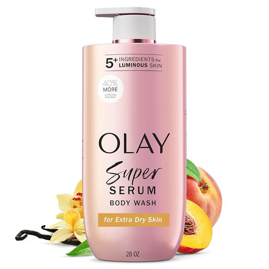 Olay Super Serum Body Wash for Extra Dry Skin, 24hr Long Lasting Rich Hydration, 5+ Ingredient Complex for Bright, Even, Firm, & Luminous Skin, with Collagen Peptide, Vitamin C & Shea Butter, 28 fl oz