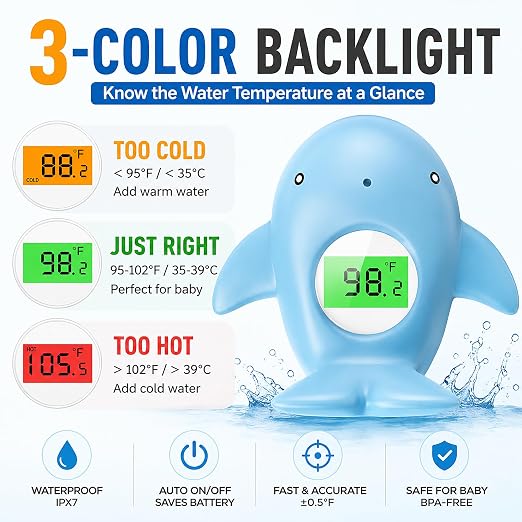 Baby Bath Thermometer for Infant & Toddler,Floating Digital Water Temperature Thermometer with 3-Color LED Backlight,Instant Accurate Reading,Baby Bath Toy,Hot & Cold Alert（Light Blue Whale）