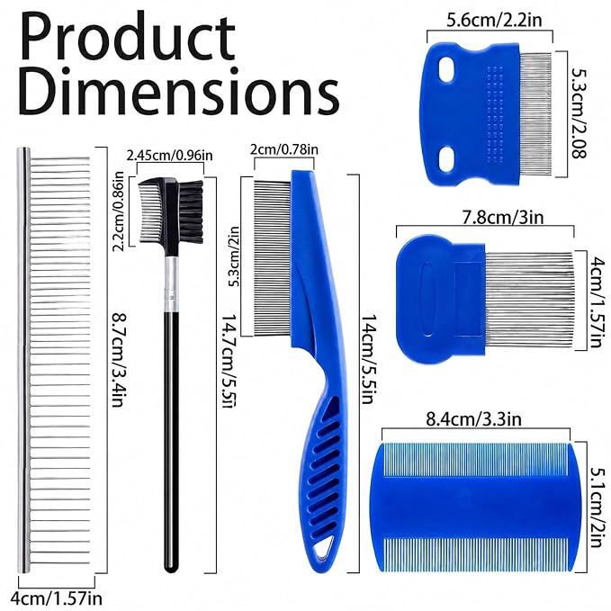6 Pcs Flea Lice Comb for Cats Dogs, Blue | Stainless Steel, Rounded Teeth, Tear Stain Remover, Dematting Brush, Professional Pet Grooming Kit