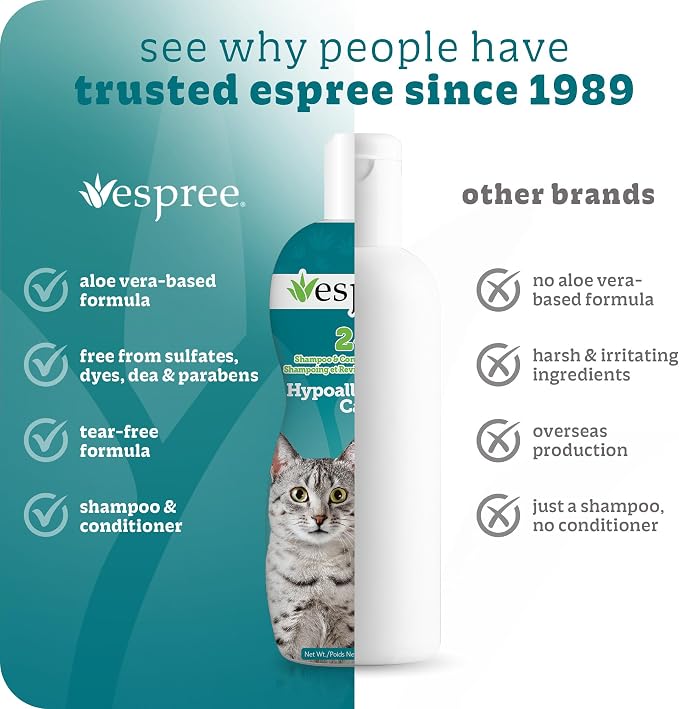 Espree Hypoallergenic Cat Shampoo & Conditioner, Tearless Formula with Aloe Vera, Sulfate-Free, Paraben-Free, Harsh Chemical and Dye-Free, Safe for Sensitive Skin, 12oz