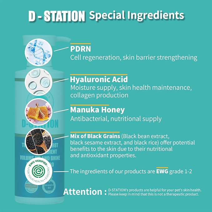D-STATION Premium PDRN Volume Shampoo for Dogs & Cats - Salmon DNA & Manuka Honey - Soothes Dry Itchy Skin, Boosts Shine & Fluffiness - Moisturizing & Deodorizing Wash, 10.1 oz