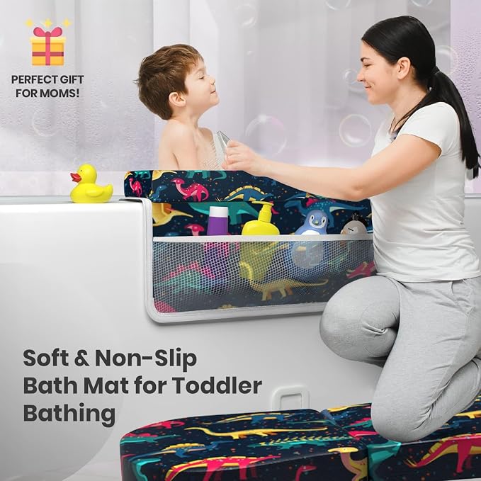 Baby Bath Kneeler and Elbow Rest Pad 2 Pieces Set with 3 Spacious Pocket to Organize Baby Acessories, 1.5" Thick Non-Slip, Soft, Fast-Drying Foldable Toddler Bath (Multi-Color Dino)