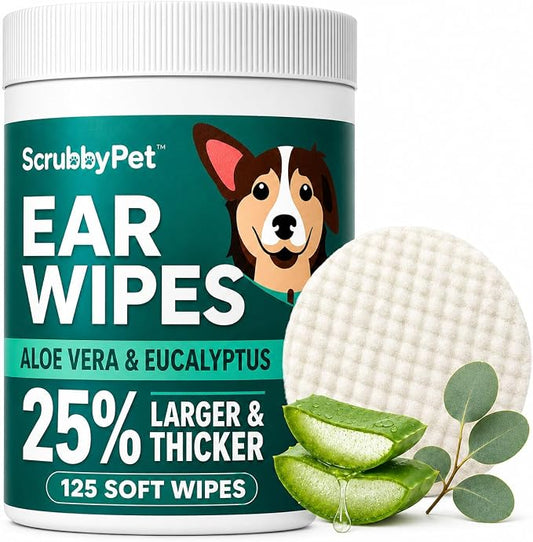 Scrubby Pet Dog Ear Wipes for Dogs | Extra Thick with Aloe Vera & Eucalyptus | 125 Count | Hypoallergenic Ear Cleaner for Dogs with Pearl Texture for Deeper Clean
